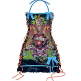 DERMEARNE Lace Up Halter Punk Mini Dresses Skull Printed Gothic Dresses Sleeveless Y2k Party Club Dresses Sexy Festival Dresses For Women