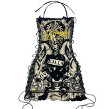 DERMEARNE Lace Up Halter Punk Mini Dresses Skull Printed Gothic Dresses Sleeveless Y2k Party Club Dresses Sexy Festival Dresses For Women