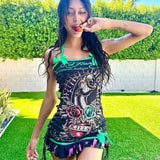 DERMEARNE Lace Up Halter Punk Mini Dresses Skull Printed Gothic Dresses Sleeveless Y2k Party Club Dresses Sexy Festival Dresses For Women