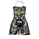 DERMEARNE Lace Up Halter Punk Mini Dresses Skull Printed Gothic Dresses Sleeveless Y2k Party Club Dresses Sexy Festival Dresses For Women