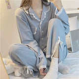 DERMEARNE Lace Women's Pajamas Autumn Sleepwear Long Sleeve Pants Sets for Women 2 Pieces Korean Night Wears Solid Split Home Suit 2025