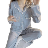 DERMEARNE Lace Women's Pajamas Autumn Sleepwear Long Sleeve Pants Sets for Women 2 Pieces Korean Night Wears Solid Split Home Suit 2025