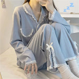 DERMEARNE Lace Women's Pajamas Autumn Sleepwear Long Sleeve Pants Sets for Women 2 Pieces Korean Night Wears Solid Split Home Suit 2025