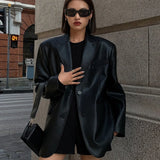 DERMEARNE Ladies Fashion Black PU Leather Suit Jacket Spring and Autumn New High-grade Texture Solid Color Loose Small Suit Leather Woman