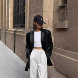 DERMEARNE Ladies Fashion Black PU Leather Suit Jacket Spring and Autumn New High-grade Texture Solid Color Loose Small Suit Leather Woman