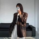 DERMEARNE Ladies Fashion Black PU Leather Suit Jacket Spring and Autumn New High-grade Texture Solid Color Loose Small Suit Leather Woman