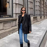 DERMEARNE Ladies Fashion Black PU Leather Suit Jacket Spring and Autumn New High-grade Texture Solid Color Loose Small Suit Leather Woman