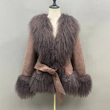 DERMEARNE Lady Luxury Winter Thick Warm Mongolian Sheep Fur Collar Cuffs Natural Fur Coats Women Stand Collar Crop Jacket LZ6513