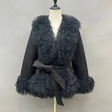 DERMEARNE Lady Luxury Winter Thick Warm Mongolian Sheep Fur Collar Cuffs Natural Fur Coats Women Stand Collar Crop Jacket LZ6513