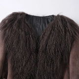 DERMEARNE Lady Luxury Winter Thick Warm Mongolian Sheep Fur Collar Cuffs Natural Fur Coats Women Stand Collar Crop Jacket LZ6513