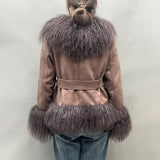 DERMEARNE Lady Luxury Winter Thick Warm Mongolian Sheep Fur Collar Cuffs Natural Fur Coats Women Stand Collar Crop Jacket LZ6513