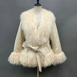 DERMEARNE Lady Luxury Winter Thick Warm Mongolian Sheep Fur Collar Cuffs Natural Fur Coats Women Stand Collar Crop Jacket LZ6513