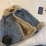 DERMEARNE Lamb Wool Denim Cotton Jacket Korean Women's Autumn Winter Lapel Thicken Plush Coat New Casual Versatile Warm Outerwear