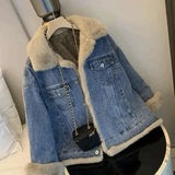 DERMEARNE Lamb Wool Denim Cotton Jacket Korean Women's Autumn Winter Lapel Thicken Plush Coat New Casual Versatile Warm Outerwear