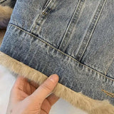 DERMEARNE Lamb Wool Denim Cotton Jacket Korean Women's Autumn Winter Lapel Thicken Plush Coat New Casual Versatile Warm Outerwear