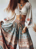 DERMEARNE Lantern Sleeves Boho Blouse Floral Pattern V Neck Lace-up Ethnic Style Women Tops Spring Summer Autumn Cropped Chic Blouses
