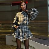 DERMEARNE Lapel Button Up Shirt Top Ruffle Edge Short Skirt Two Piece Set Fashion Loose Classic Women Blouse Waist Cinching Half Skirts