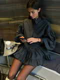 DERMEARNE Lapel Button Up Shirt Top Ruffle Edge Short Skirt Two Piece Set Fashion Loose Classic Women Blouse Waist Cinching Half Skirts