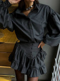 DERMEARNE Lapel Button Up Shirt Top Ruffle Edge Short Skirt Two Piece Set Fashion Loose Classic Women Blouse Waist Cinching Half Skirts