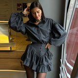 DERMEARNE Lapel Button Up Shirt Top Ruffle Edge Short Skirt Two Piece Set Fashion Loose Classic Women Blouse Waist Cinching Half Skirts