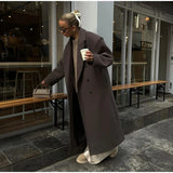 DERMEARNE Lapel Women Long Coats Casual Straight Overcoat Double-Breasted Office Ladies Coat 2025 Autumn Winter Vintage Streetwear Outwear