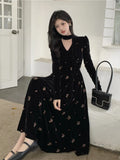 DERMEARNE Large Women's French Vintage Elegant V-Neck Fragmented Flower Long Dress Female Slim Fit Black Velvet Embroidered Dresses