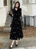 DERMEARNE Large Women's French Vintage Elegant V-Neck Fragmented Flower Long Dress Female Slim Fit Black Velvet Embroidered Dresses