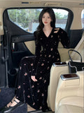 DERMEARNE Large Women's French Vintage Elegant V-Neck Fragmented Flower Long Dress Female Slim Fit Black Velvet Embroidered Dresses