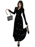 DERMEARNE Large Women's French Vintage Elegant V-Neck Fragmented Flower Long Dress Female Slim Fit Black Velvet Embroidered Dresses
