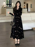 DERMEARNE Large Women's French Vintage Elegant V-Neck Fragmented Flower Long Dress Female Slim Fit Black Velvet Embroidered Dresses