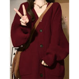 DERMEARNE Lazy Style Knitted Cardigan Jacket Female Burgundy Sweater Students Autumn Winter Loose Oversized New Year Trendy Coat Tops Gift