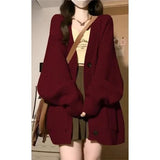 DERMEARNE Lazy Style Knitted Cardigan Jacket Female Burgundy Sweater Students Autumn Winter Loose Oversized New Year Trendy Coat Tops Gift