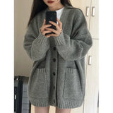 DERMEARNE Lazy Style Knitted Cardigan Jacket Female Burgundy Sweater Students Autumn Winter Loose Oversized New Year Trendy Coat Tops Gift