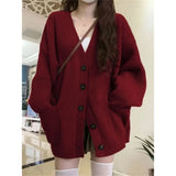 DERMEARNE Lazy Style Knitted Cardigan Jacket Female Burgundy Sweater Students Autumn Winter Loose Oversized New Year Trendy Coat Tops Gift