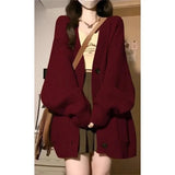 DERMEARNE Lazy Style Knitted Cardigan Jacket Female Burgundy Sweater Students Autumn Winter Loose Oversized New Year Trendy Coat Tops Gift
