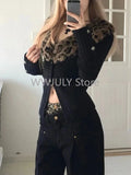 DERMEARNE Leopard Cardigan Women Japanese Gyaru V-neck Long Sleeve Streetwear Slim Sexy Cardigan Sweater Y2k Vintage Top Autuam