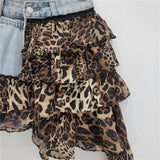 DERMEARNE Leopard Print Ruffles Chiffon Patchwork Denim Mini Skirts Women Fashion Ribbon Irregular Jeans Shorts Skirt All Matching Bottom