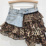 DERMEARNE Leopard Print Ruffles Chiffon Patchwork Denim Mini Skirts Women Fashion Ribbon Irregular Jeans Shorts Skirt All Matching Bottom