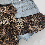 DERMEARNE Leopard Print Ruffles Chiffon Patchwork Denim Mini Skirts Women Fashion Ribbon Irregular Jeans Shorts Skirt All Matching Bottom