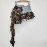 DERMEARNE Leopard Print Ruffles Chiffon Patchwork Denim Mini Skirts Women Fashion Ribbon Irregular Jeans Shorts Skirt All Matching Bottom
