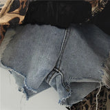 DERMEARNE Leopard Print Ruffles Chiffon Patchwork Denim Mini Skirts Women Fashion Ribbon Irregular Jeans Shorts Skirt All Matching Bottom