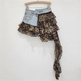 DERMEARNE Leopard Print Ruffles Chiffon Patchwork Denim Mini Skirts Women Fashion Ribbon Irregular Jeans Shorts Skirt All Matching Bottom
