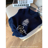 DERMEARNE Letters Embroidery Pullover Sweater 2025 Spring Autumn Women Round Neck Long Sleeve Knitwear Jumper Female Casual Design Tops