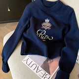 DERMEARNE Letters Embroidery Pullover Sweater 2025 Spring Autumn Women Round Neck Long Sleeve Knitwear Jumper Female Casual Design Tops