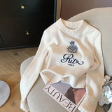DERMEARNE Letters Embroidery Pullover Sweater 2025 Spring Autumn Women Round Neck Long Sleeve Knitwear Jumper Female Casual Design Tops