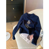 DERMEARNE Letters Embroidery Pullover Sweater 2025 Spring Autumn Women Round Neck Long Sleeve Knitwear Jumper Female Casual Design Tops