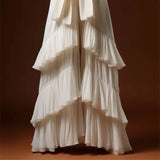 DERMEARNE Lolita Elegant Ribbon Lace-Up Pants Skirt Spring Summer New Sweet White Chiffon Multi-Layer Ruffles Long Skirt For Women 405P