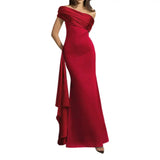 DERMEARNE Long Party Dress For Women Slant Neck Off Shoulder Sleeveless Lady Evening Dress Pleated Lace-up Sash Decor Irregular Prom Dress