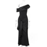 DERMEARNE Long Party Dress For Women Slant Neck Off Shoulder Sleeveless Lady Evening Dress Pleated Lace-up Sash Decor Irregular Prom Dress
