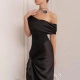 DERMEARNE Long Party Dress For Women Slant Neck Off Shoulder Sleeveless Lady Evening Dress Pleated Lace-up Sash Decor Irregular Prom Dress